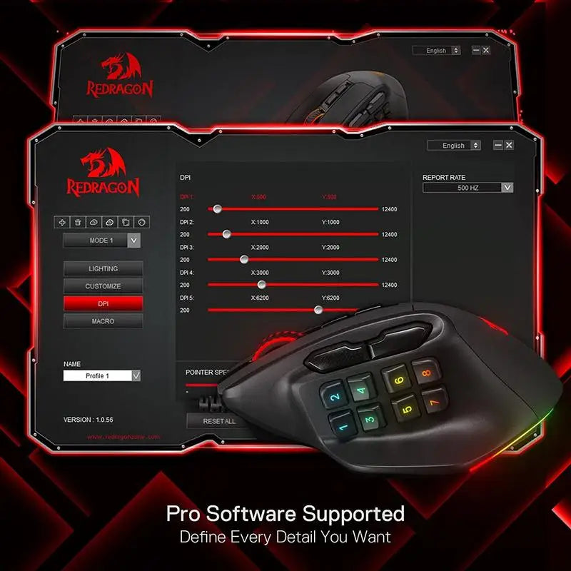 Redragon M811 Aatrox MMO геймърска мишка, кабелна RGB мишка за геймъри с 15 програмируеми бутона и ергономична конструкция за естествен захват