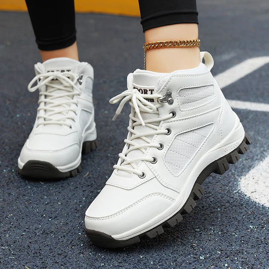 Women Sports Shoes White Casual Non Slip Running Shoes Outdoor Hiking Climbing Waterproof Breathable Lace Up Platform Sneakers