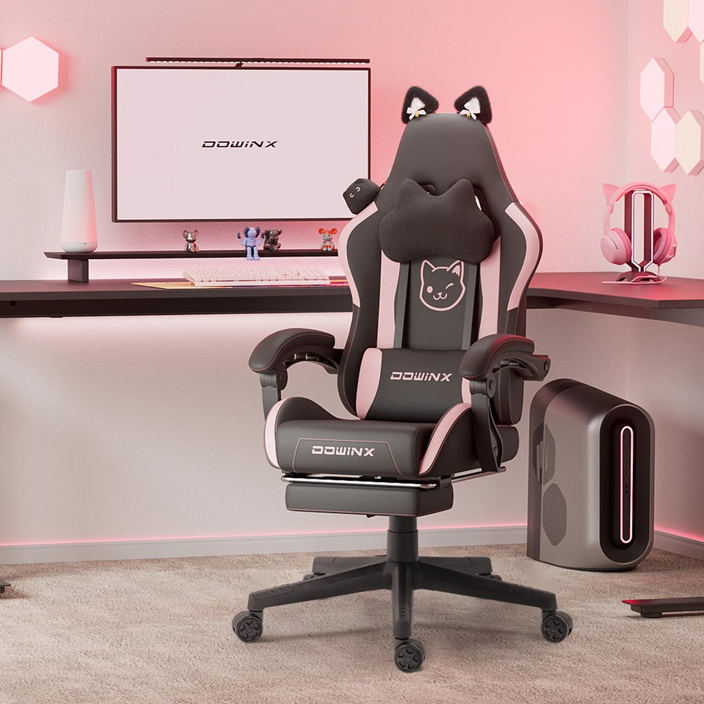 Cute Gaming Chair with Cat Ears, Pink Kawaii Ergonomic Gamer Chair with Footrest, Cat Paw Lumbar Support, High Back Computer Gaming Chair