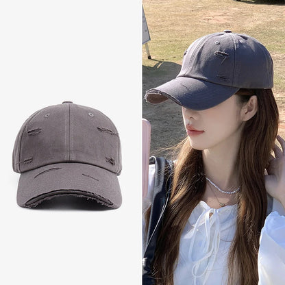 Casquette hip-hop polyvalente pour homme et femme, nouvelle collection printemps-été, à visière incurvée, style rétro, effet usé, avec trou et bord en bec de canard