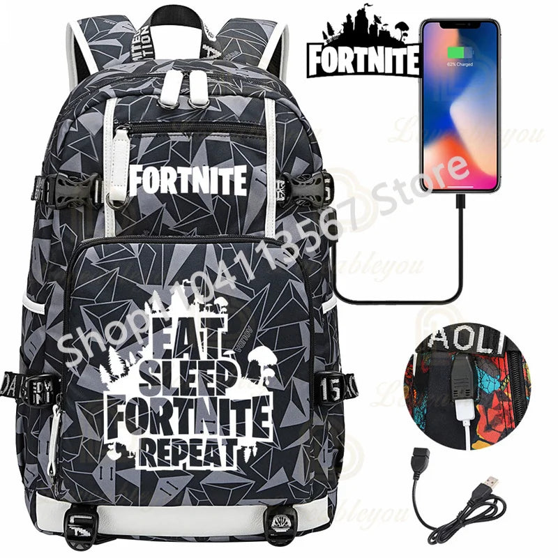 Yule Trooper F-Fortnited Battle Royale Rucksack mit USB-Ladeanschluss, Anime-Figuren, Lern- und Schreibwarenfach für Schüler