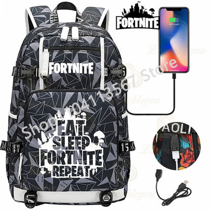 Yule Trooper F-Fortnited Battle Royale Rucksack mit USB-Ladeanschluss, Anime-Figuren, Lern- und Schreibwarenfach für Schüler