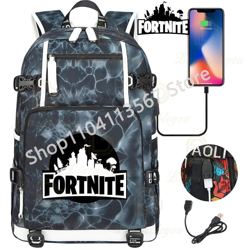 Ultima Knight F-Fortnited Battle Royale Backpack with USB Charging Anime Figures Study Stationery Compartment for Students