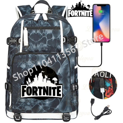 Ultima Knight F-Fortnited Battle Royale Backpack with USB Charging Anime Figures Study Stationery Compartment for Students
