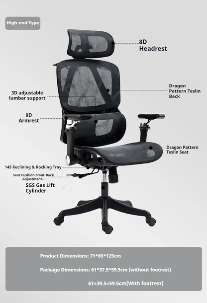 Sedia da gaming ergonomica con poggiatesta 8D, supporto lombare 3D, braccioli 9D, sedia da computer in rete reclinabile a 145° per ufficio e gaming