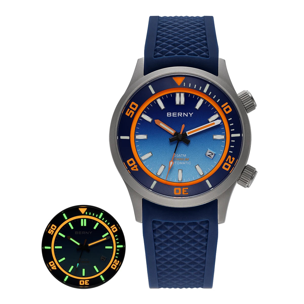 BERNY Automatic Full Titanium Diver Watch For Men Supper Luminous Sappire AR Coated Miyota 8215 Dual Crown Mechanical Dive Watch