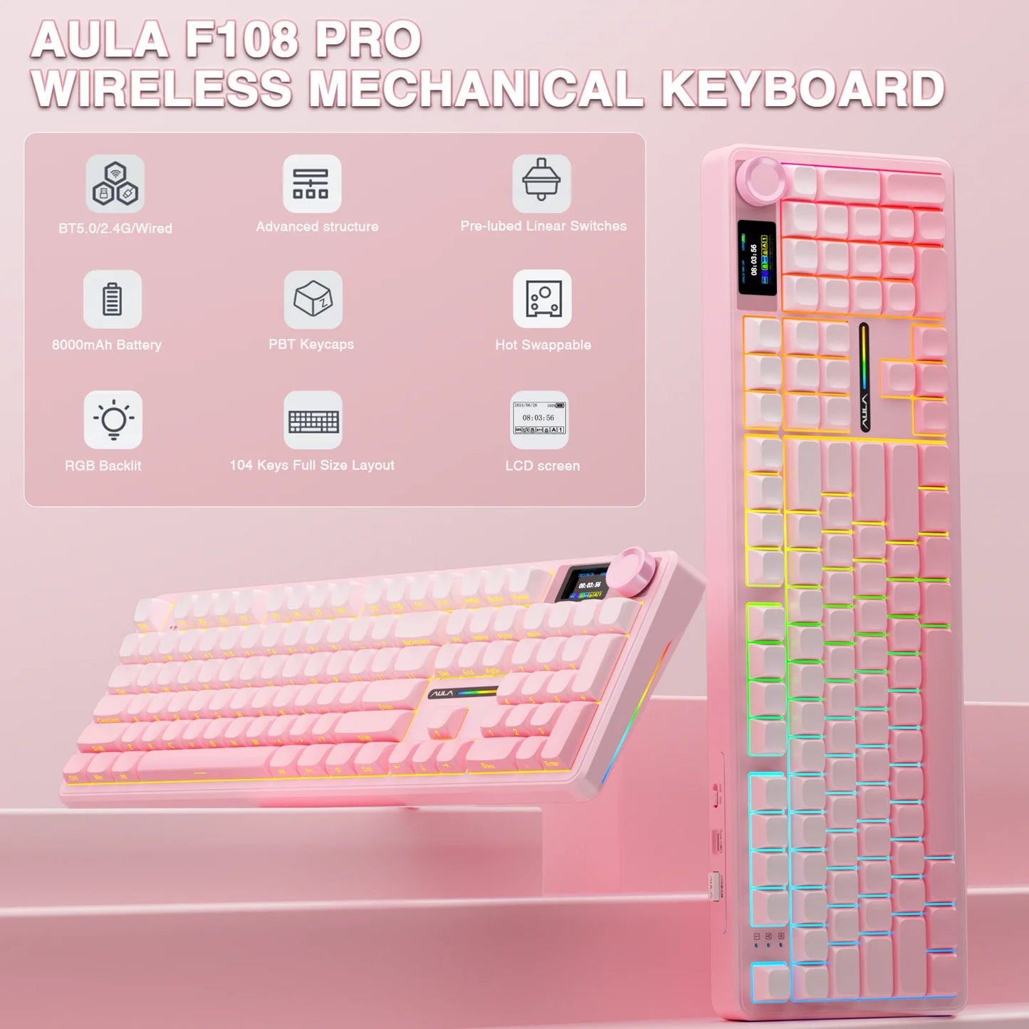 AULA F108 Pro Wireless Bluetooth Keyboard Macro Gaming Keyboard Gasket Hot-Swap Full Size Keyboard with TFT Smart Display
