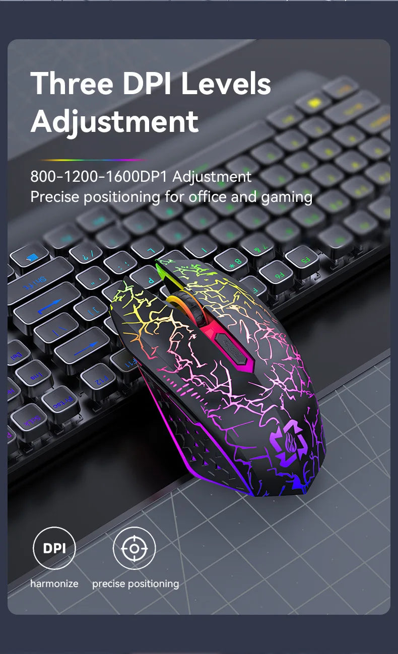 Rato sem fios Bluetooth 2.4GHz recarregável com retroiluminação RGB, 1600 DPI, design ergonómico, rato gaming para PC, portátil e MacBook