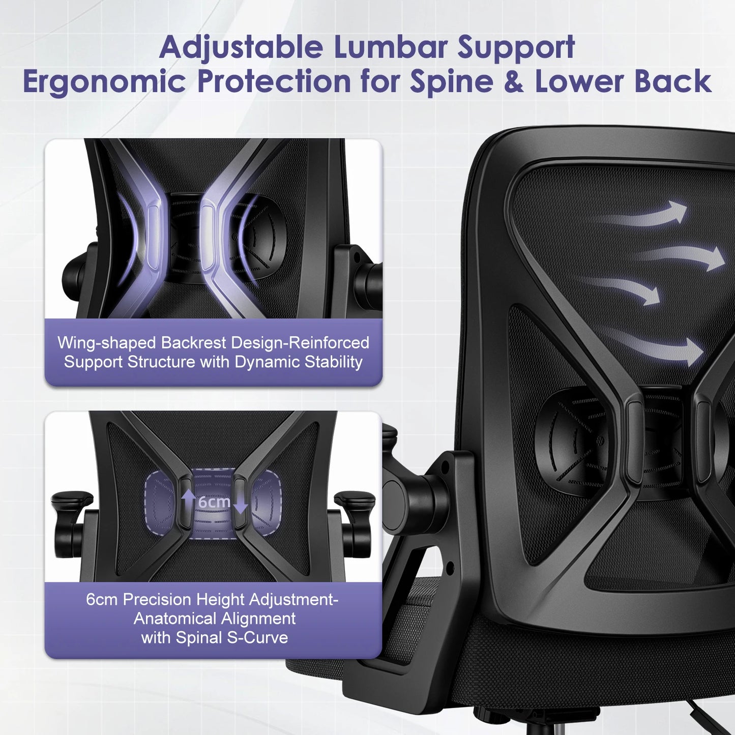 AUTHMIC Ergonomic Office Chair with Lumbar Support, Mesh Back, Flip-Up Armrests, Adjustable Height, Reclining Desk Chair for Home Office