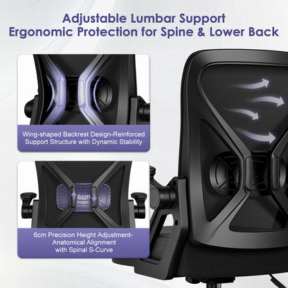 AUTHMIC Ergonomic Office Chair with Lumbar Support, Mesh Back, Flip-Up Armrests, Adjustable Height, Reclining Desk Chair for Home Office
