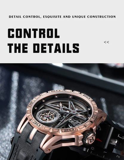 OBLVLO Men's Two Tone Big Skeleton Dial Mechanical Automatic Watch Luminous Waterproof Rubber Band Machinery Clock RD-903