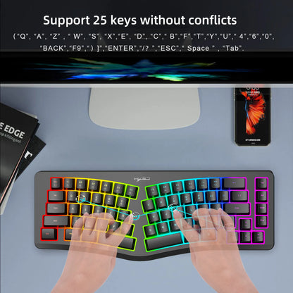 69 Key Wired Ergonomic Gaming Keyboard Silent Irregular RGB Backlit Keyboard for Windows Linux Home Office Game PC