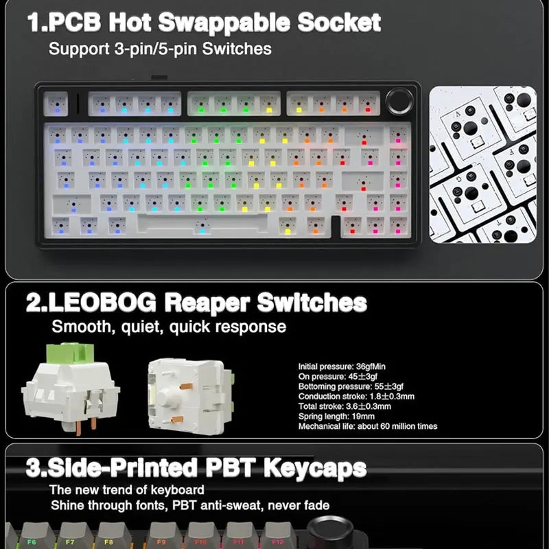 AULA F75 Gaming Mechanical Keyboard RGB Customized 75% Layout Side-engraving Gasket Mounted 80keys PBT Gradient Keycaps keyboard