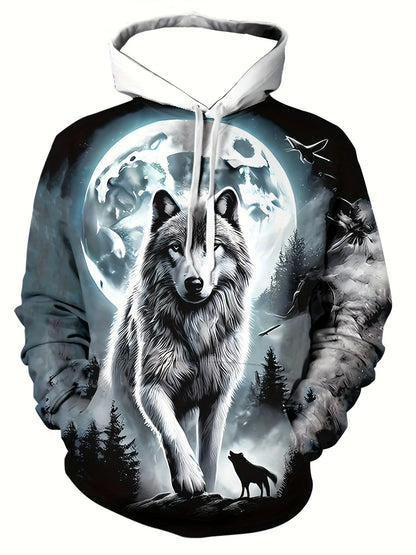 Men'S 3D White Wolf Print Hoodie, Casual Long Sleeve Pullover with Drawstring Pocket, 100% Polyester Slight Stretch Men Clothing