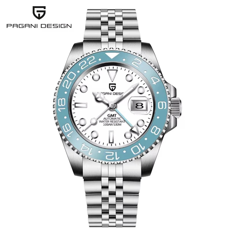 PAGANI DESIGN 40mm GMT Men's Mechanical Watches Rubber Strap Rotating Bezel 100 Waterproof Sports Wristwatch Mens Business Clock