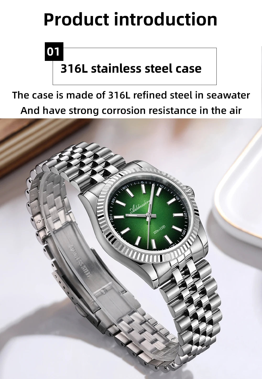 ADDIESDIVE New Men's Watch AD2073 Sapphire Glass 36mm VH31 Sunburst Quartz Watches 10Bar Waterproof Diving Luminous Wristwatch