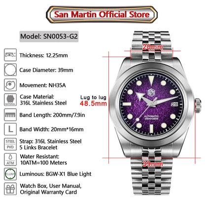 San Martin New 39mm Sport Watch Enamel Dial NH35 Automatic Mechanical Men Dress Watch Sapphire Waterproof 100m Luminous SN0053