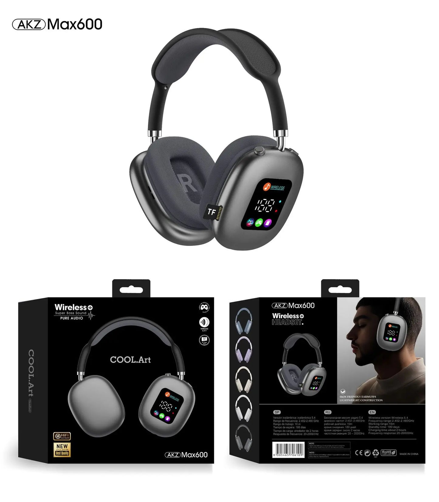 MAX600 Wireless Bluetooth 5.3 Head-Mounted Headset with Digital Display, Card Reader, Bone Conduction Neckband Headphones with Noise Cancelling