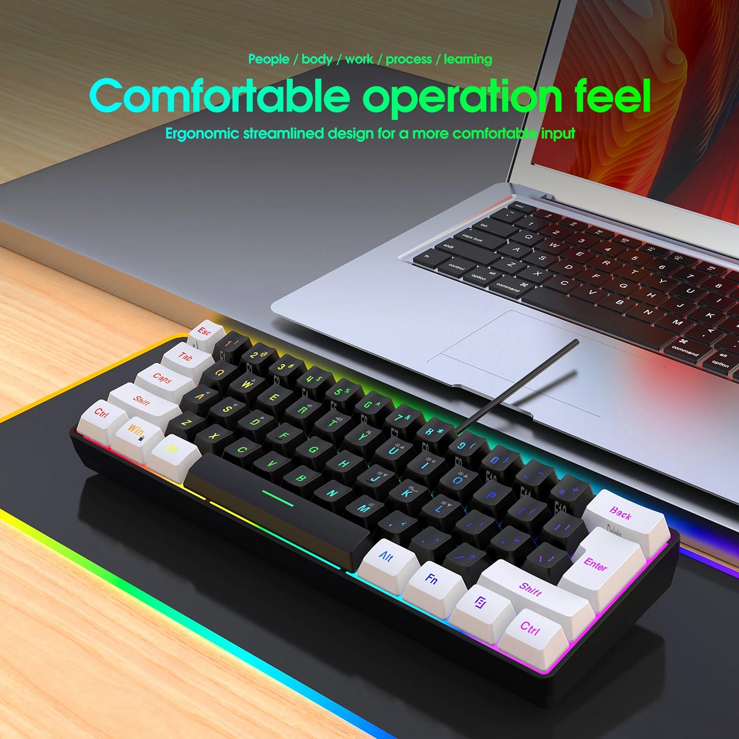 HXSJ USB Computer Keyboard and Mouse Kit with 61-key Wired RGB Backlight Wired Gaming Mouse Colorful LED Lighting for PC Laptop