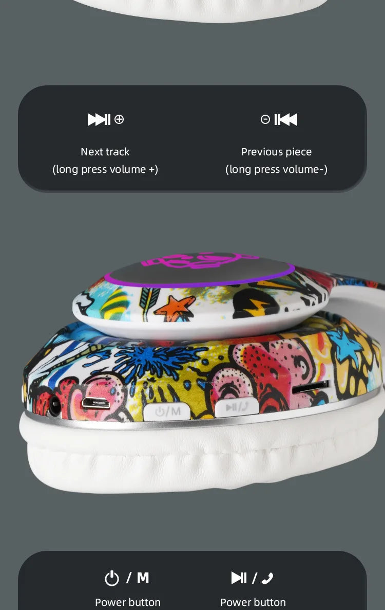 New Graffiti Wireless Bluetooth Gaming Headset LX-8686 with Mic, LED Light, TF Card Support, Deep Bass Over-Ear Headphones for PC, Gaming & Kids