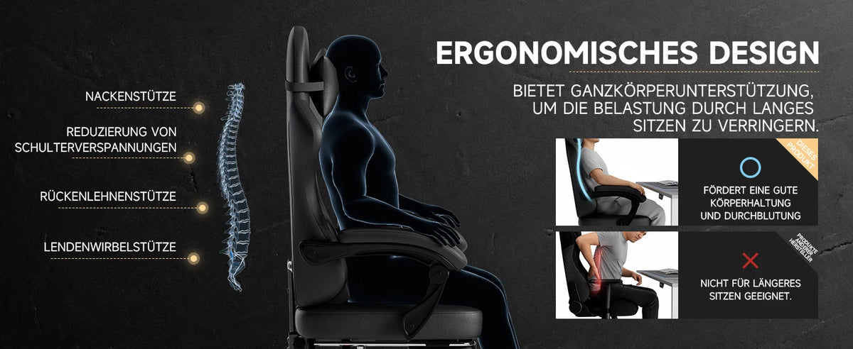 PINGGO Ergonomic Gaming Chair with Footrest Massage, PVC Leather PC Gaming Chair, Adjustable Reclining Office Chair with Lumbar Support