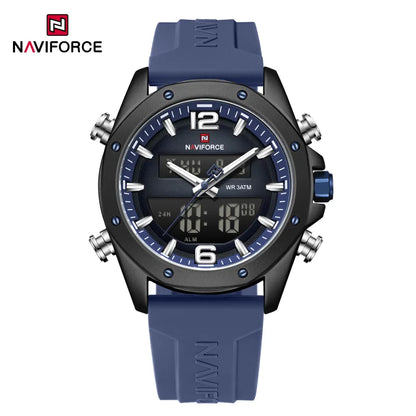 NAVIFORCE Men Quartz LCD Dual Display Watch With Silicone Strap 3ATM Waterproof Shockproof Night Light Round Case Sport Casual