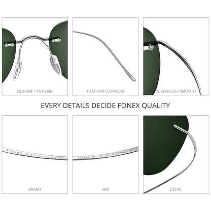 FONEX Titanium Rimless Sunglasses Men Austria Ultralight Frameless Square Polarized Sun Glasses for Women Japanese Shades 85694