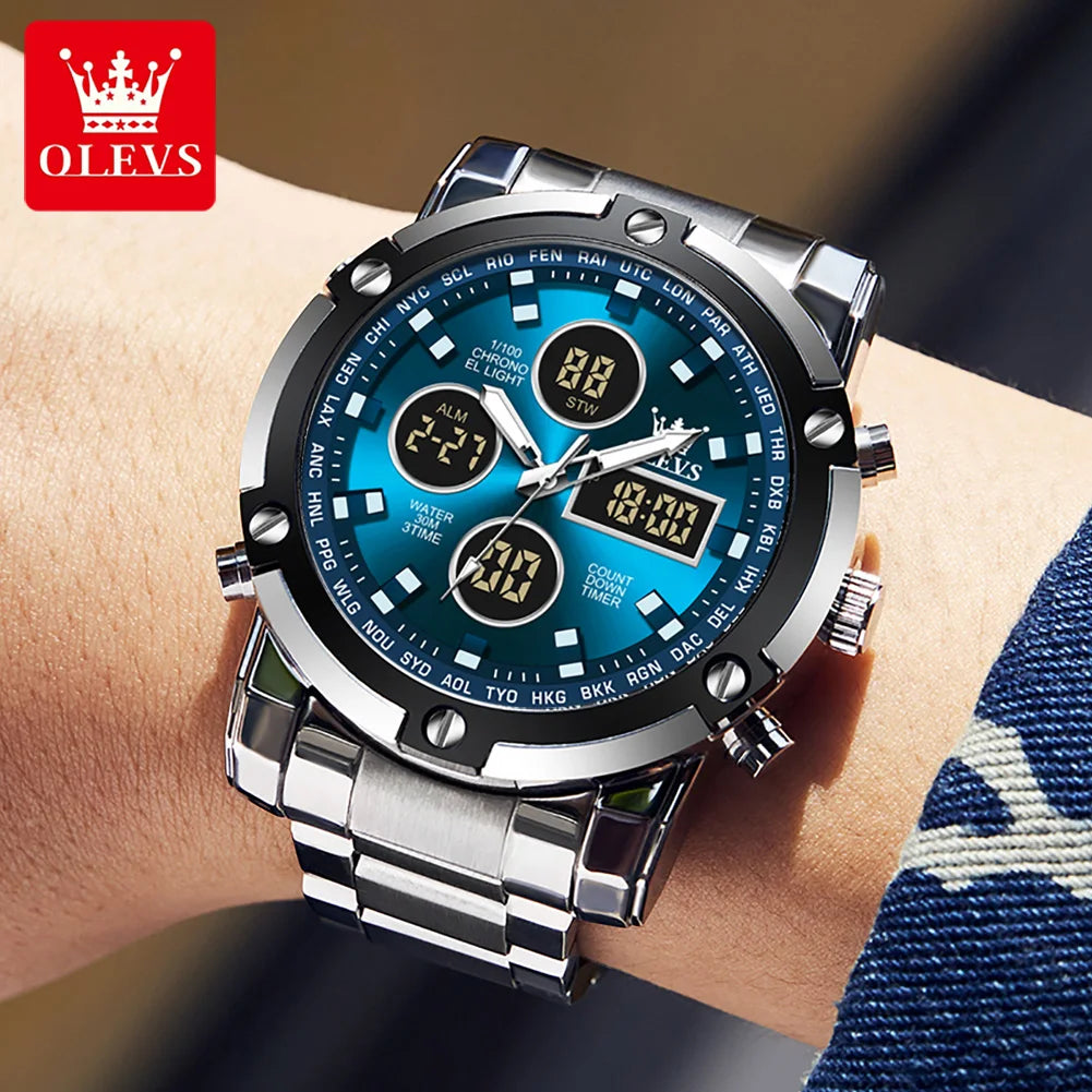 OLEVS Men’s Watch – Water-resistant stainless steel quartz wristwatch with LED display – Sporty and trendy style (model 1106)