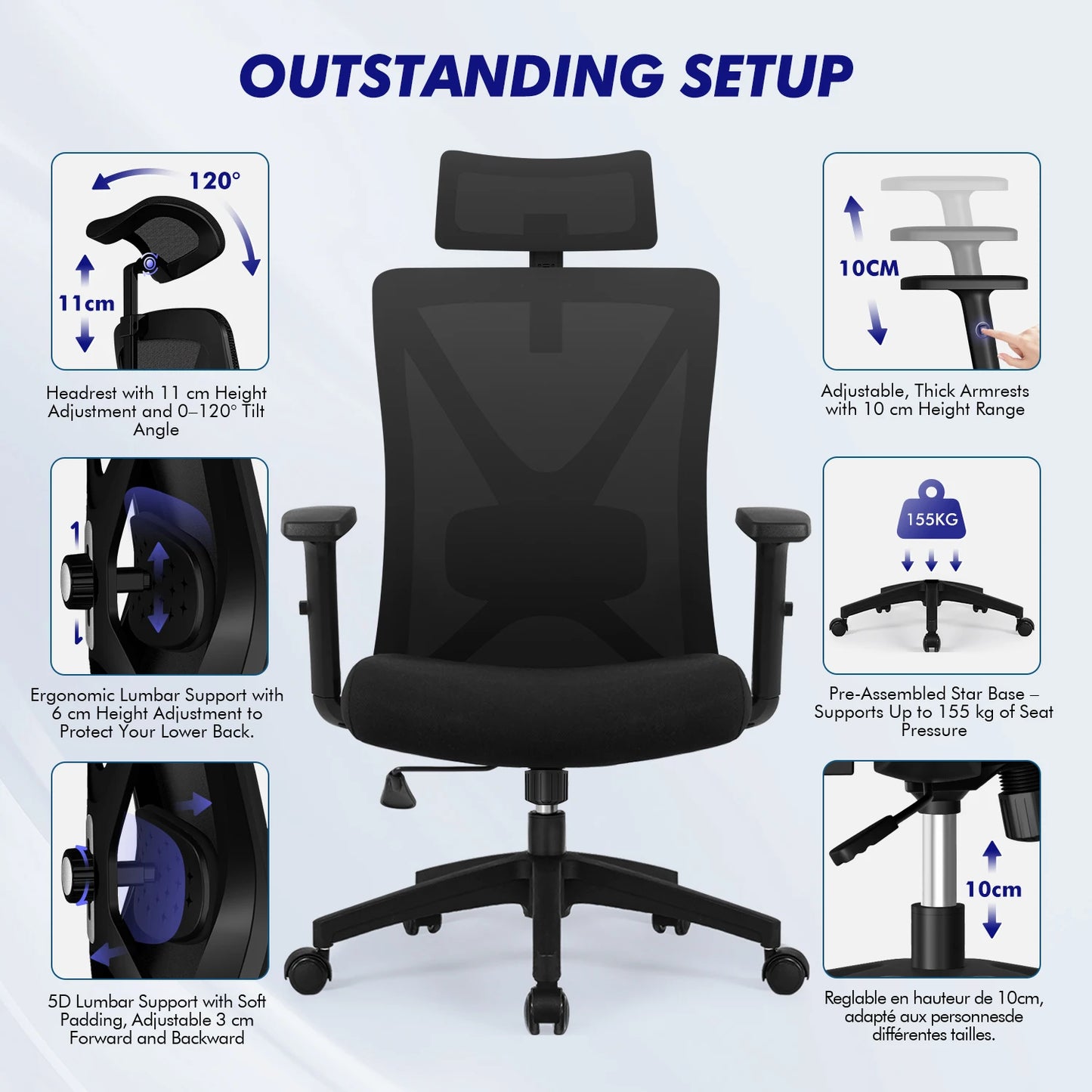 AUTHMIC Ergonomic Office Chair with 5D Lumbar Support, Mesh Back, Adjustable Headrest, Armrests & Reclining Desk Chair