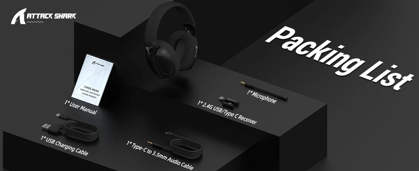 ATTACK SHARK L80 Ultra-Light 180g Gaming Headset – Tri-Mode Wireless (Bluetooth 5.3 / 2.4G / Wired), 5.1 Surround Sound, 40mm Drivers, Pluggable Mic