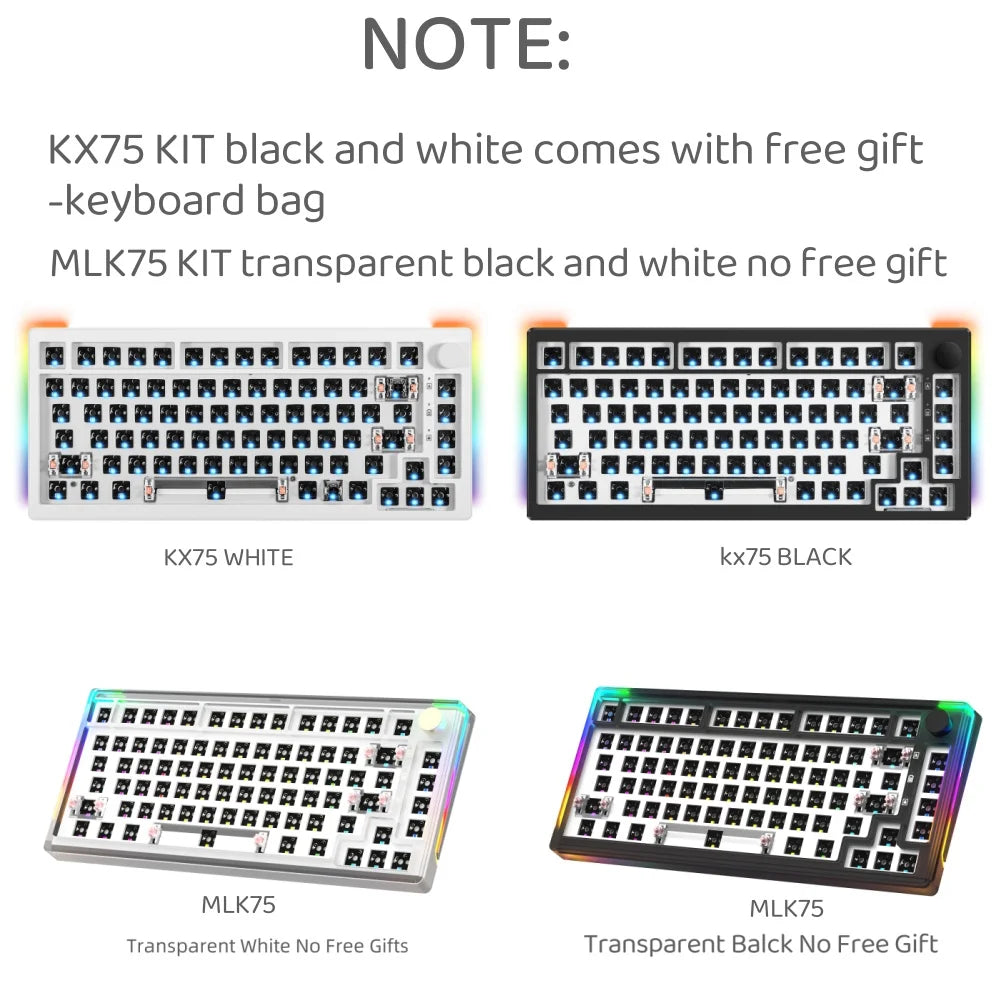 MAIMOOO KX75 75% Keyboard Kit Hotswap Transparent Full RGB Backlit 2.4GHz/ Bluetooth Macro Custom DIY Mechanical Keyboard