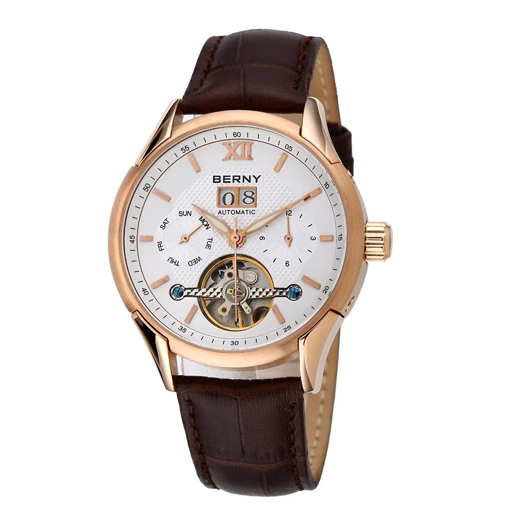 BERNY Automatic Watch for Men Auto Self-wind Mechanical Watches Date Skeleton 5ATM Luxury Male Wristwatches
