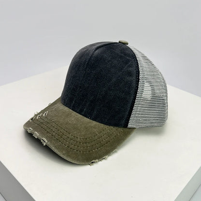 New Unisex Color Block Broken Style Baseball Hats Distress Breathable Mesh Sunshade Retro Trucker Caps Versatile Simple Fashion