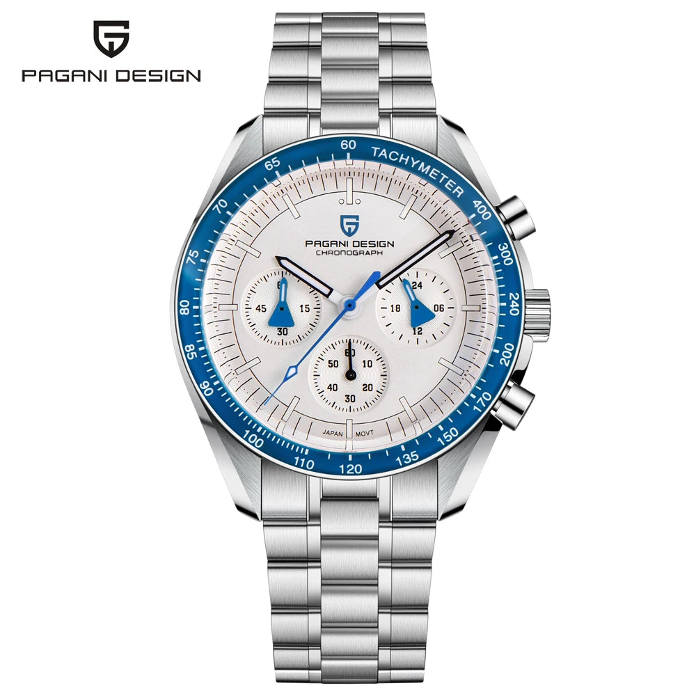 Zegarek PAGANI DESIGN Moon – luksusowy męski chronograf kwarcowy w sportowym stylu, szafirowe szkło z powłoką antyrefleksyjną, luminescencyjny wyświetlacz
