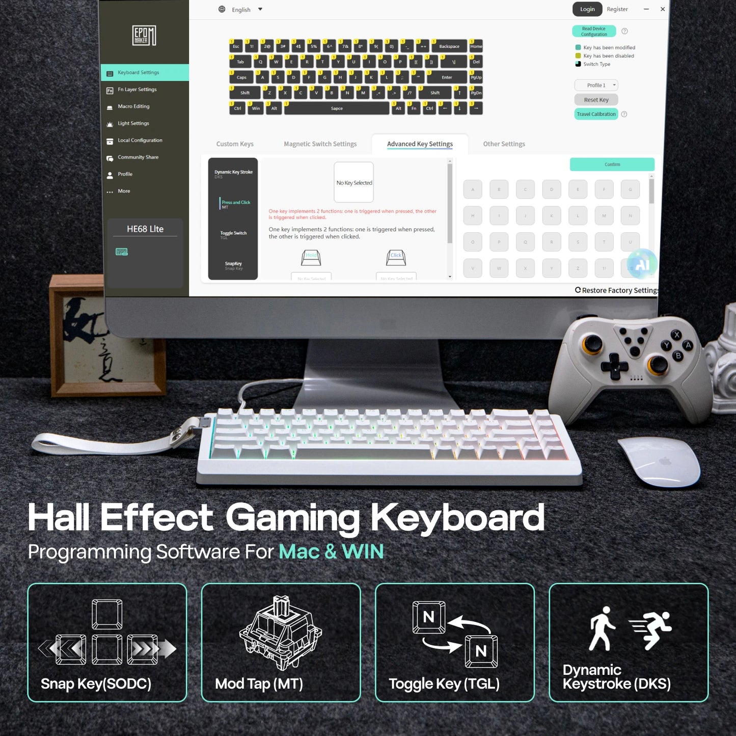 EPOMAKER HE68 Lite 65% ANSI US Layout Tray-Mounted Wired Hall Effect Magnetic Mechanical Keyboard DKS SOCD RGB Backlight