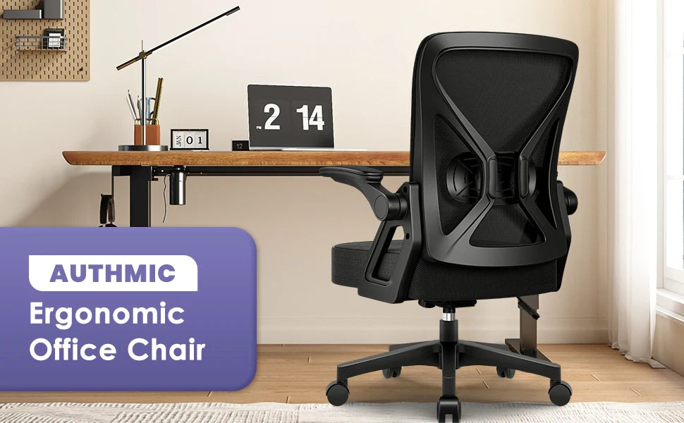 AUTHMIC Ergonomic Office Chair with Lumbar Support, Mesh Back, Flip-Up Armrests, Adjustable Height, Reclining Desk Chair for Home Office