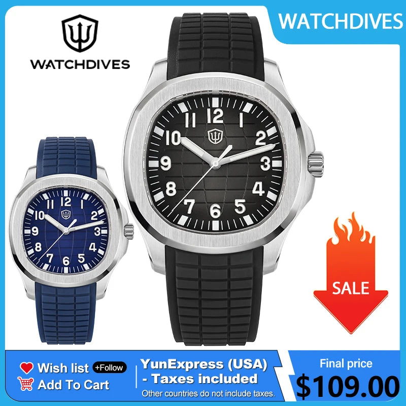 Watchdives WD008 38mm Dive Men Watch VH31 Sweep Second Quartz Movement Sapphire Super Luminous 100m Waterproof Watches