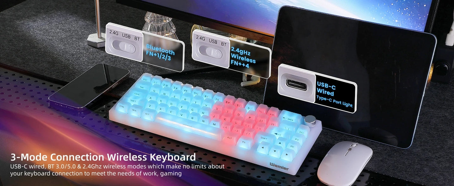 Womier Q61 V2 Wireless 65% Mechanical Keyboard with Knob VIA Programmable Support Tri-Mode BT/2.4G/USB-C Hot-Swap RGB for Mac/PC