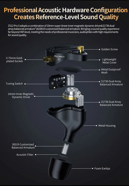 KZ ZS12 PRO X Hybrid Dynamic & Balanced Armature Technology IEM Earphone Upgrade HiFi Bass In Ear Headphone Tuning Wire Headset