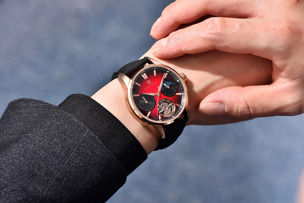 PAGANI DESIGN – Relógio mecânico de luxo para homem, 41 mm, vidro de safira, bracelete em pele, estanque, estilo piloto, com turbilhão e fase lunar