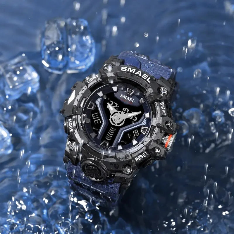 SMAEL 8075 Men's Analog Digital Dual Display Sport Watch - 50M Waterproof LED Backlight Dual Time Alarm Chronograph Stopwatch