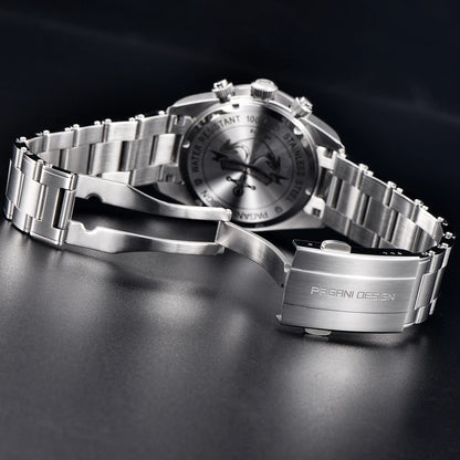 Pánske hodinky PAGANI DESIGN „Panda“ – luxusný quartzový chronograf, vodotesné, zafírové sklo s antireflexnou úpravou, športové hodinky s luminiscenčným ciferníkom