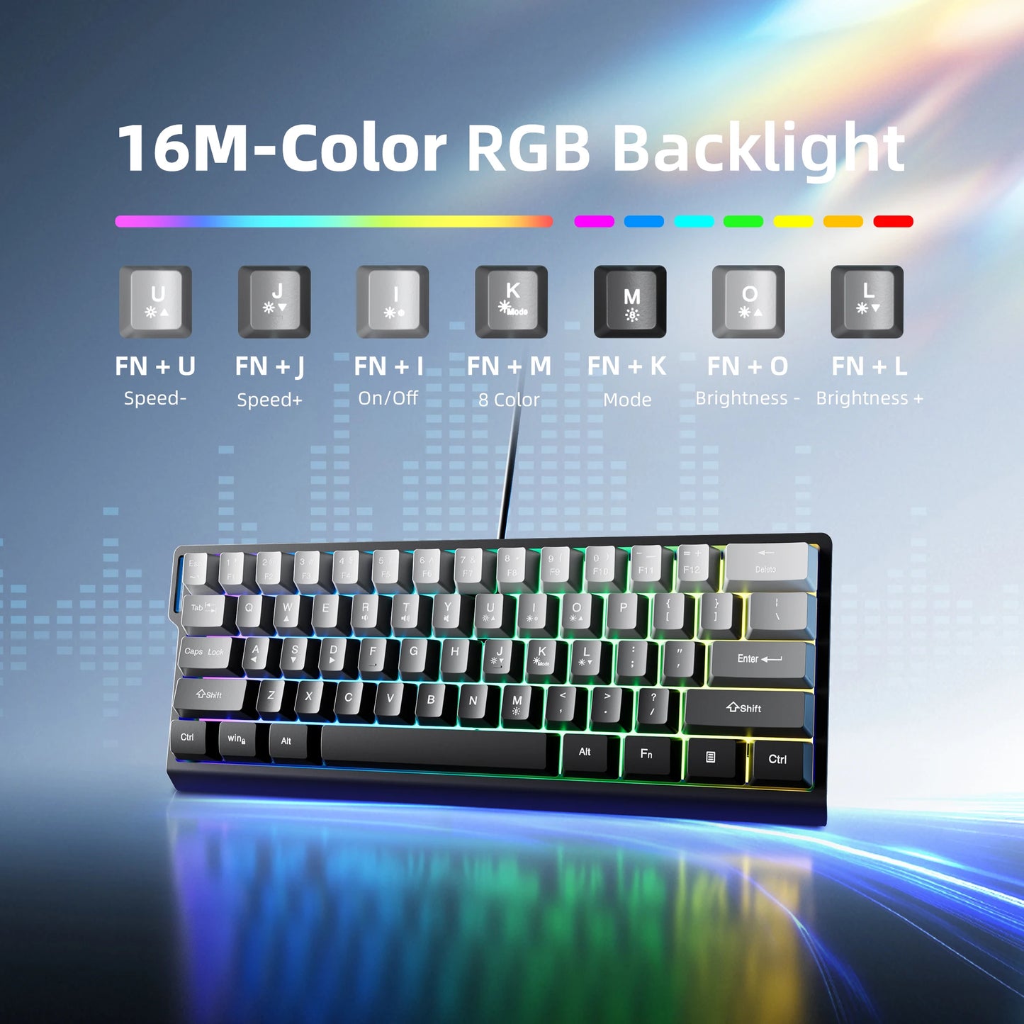 60% compact wired keyboard with RGB backlighting and gradient-colored keycaps, suitable for Windows tablets, laptops and gamers.