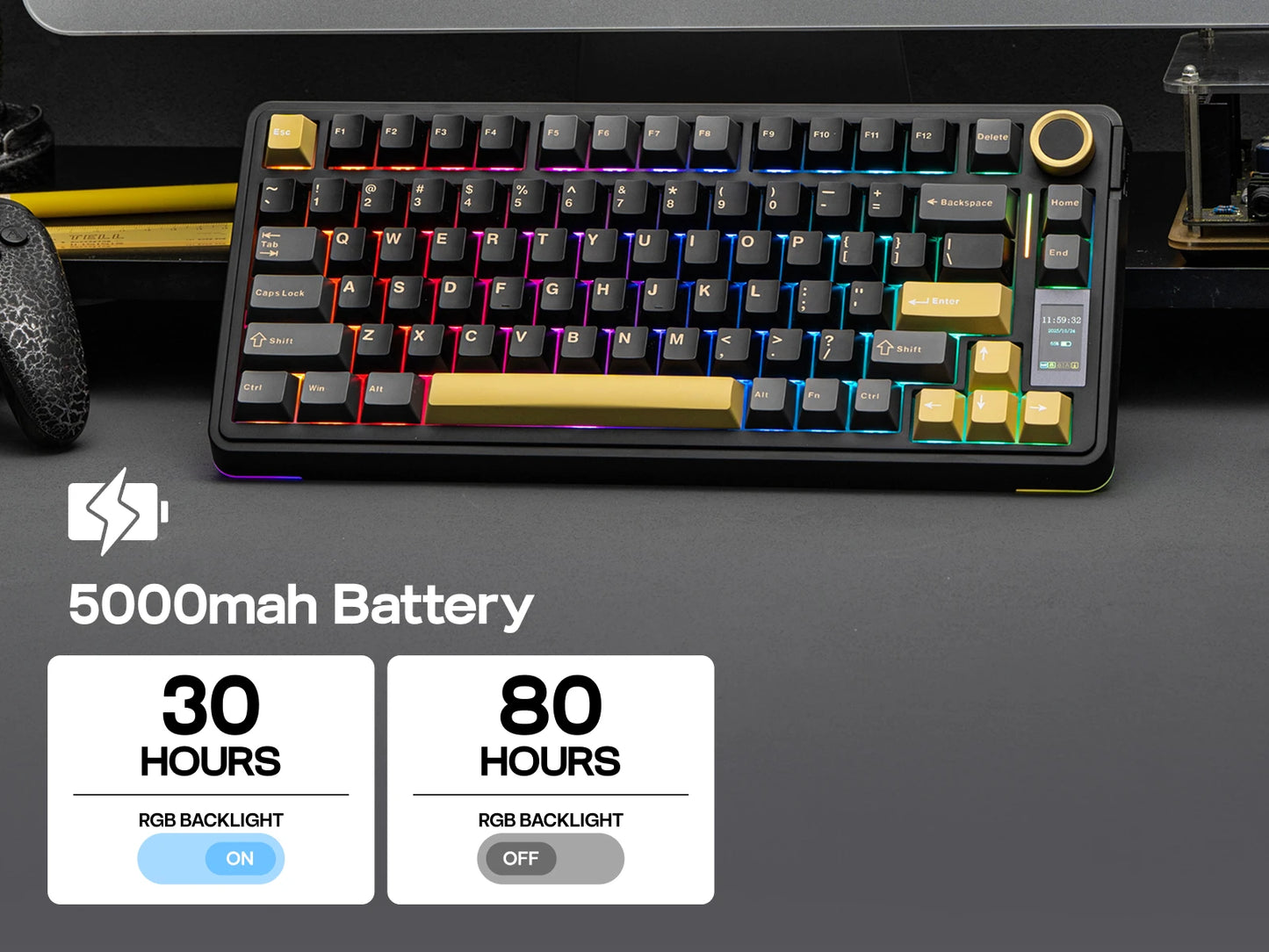 Teclado mecánico EPOMAKER X AULA EA75 MAX 75% ANSI US con hot-swap, montaje gasket, conexión por cable/BT/inalámbrica 2.4GHz, pantalla y perilla