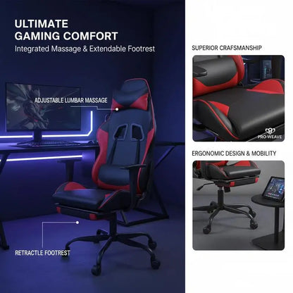Massage Gaming Chair with Footrest Black and Red 66X56X120.5-131 cm in Imitation Leather, Reclining 360° Swivel Chair Maximum 110 kg