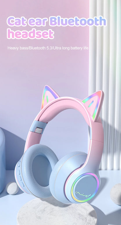 RGB Cat Ear Bluetooth Headphones Wireless Kids Headset with Microphone, Gradient LED Light Gaming Headphones, Stereo Music Bluetooth 5.3 Earphones for Girls
