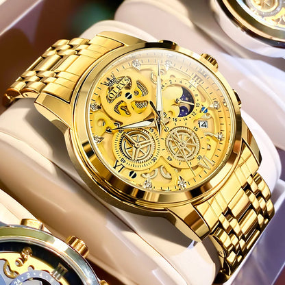 OLEVS herenhorloge – Luxe model, waterdicht, quartz, skeletstijl, 24-uursweergave (dag/nacht), goudkleurig