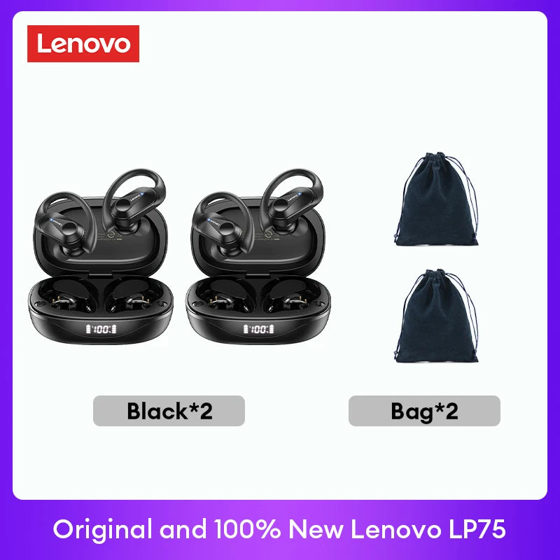 Lenovo LP75 TWS Bluetooth 5.3 Wireless Earphones – LED Display, Noise Reduction, Waterproof True Wireless Earbuds with Microphone & Deep Bass Sound