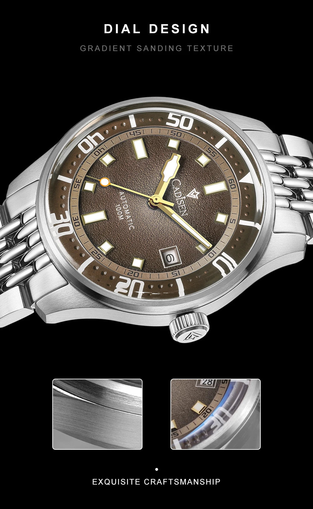 CADISEN Automatic Mechanical Watch Man Silver Business Casual Waterproof Watch Japan MIYOTA 8215 Movement Domed Glass Mens Watch