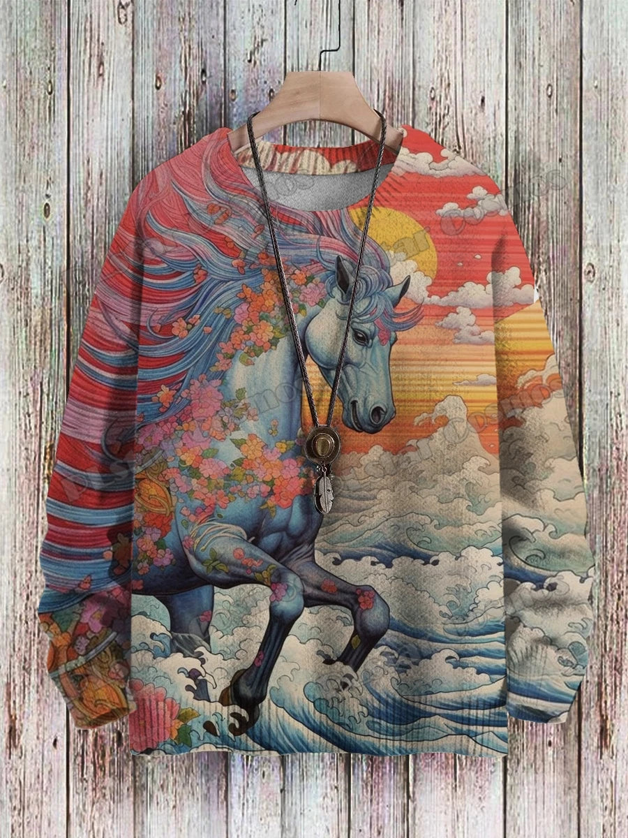 PLstar Cosmos Retro Dragon & Deer Art Pattern 3D Printed Mens Knitted Pullover Winter Unisex Casual Knit Pullover Sweater ZZM118